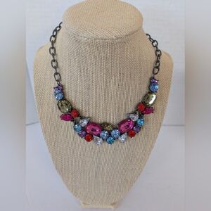 Necklace With Pewter Chain Vibrant Rhinestone In Pink, Green And Blue